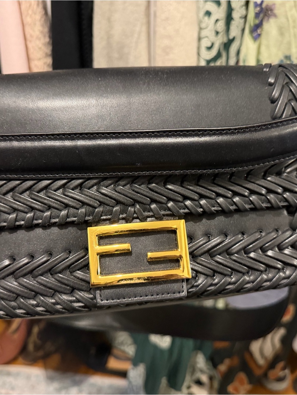 Fendi Black Woven Leather Shoulder Bag with Gold FF Logo (with matching wallet)